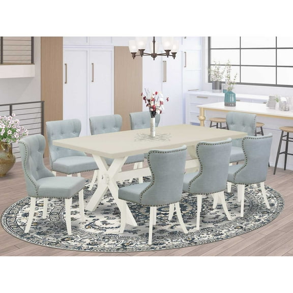 East West Furniture X027SI215-9 9-Pc Kitchen Dining Set- 8 Dining Padded Chairs with Baby Blue Linen Fabric Seat and Button Tufted Chair Back - Rectangular Table Top & Wooden Cross Legs - Linen White