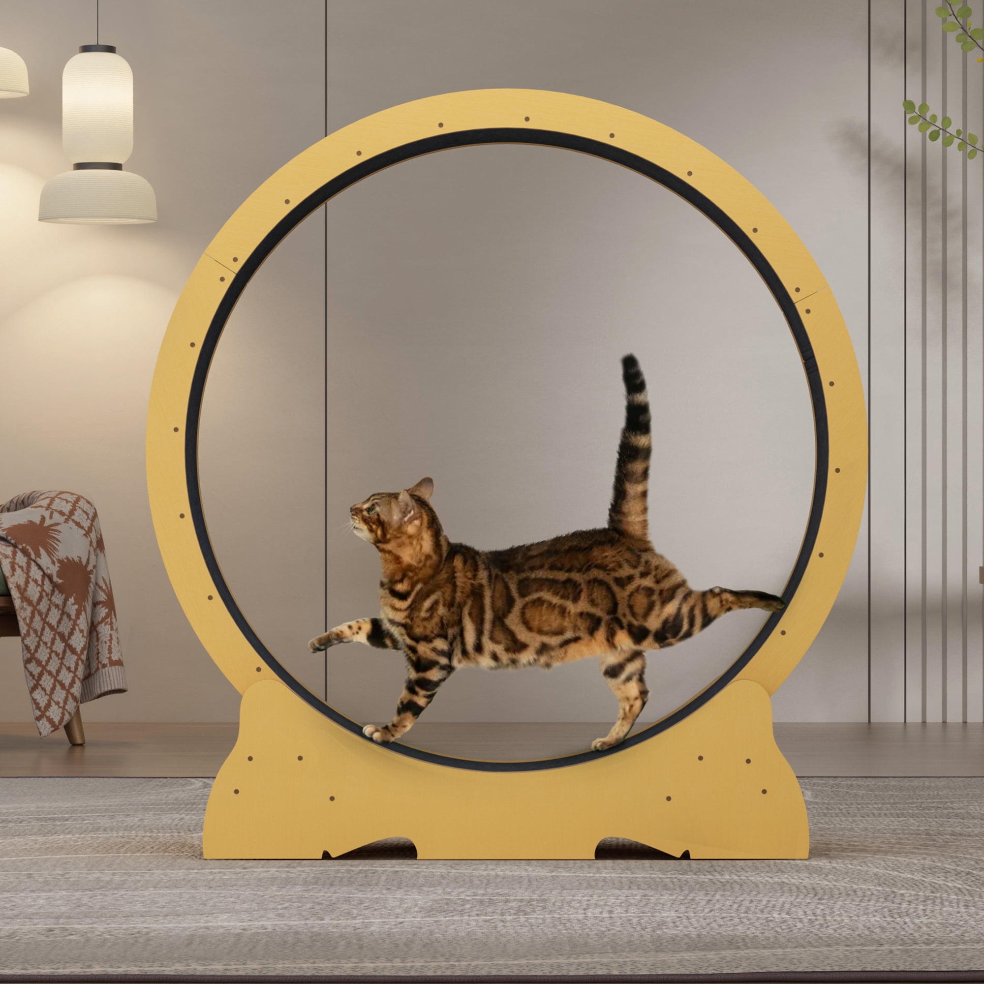 POLAHAKU 48'' Wooden Cat Wheel, Large Cat Wheel Treadmill for Indoor Cats, Detachable Carpet Cat Running Wheel with Cat Teaser Toy for Exercise, Walking, Training, Fits Most Cats Natural Wood