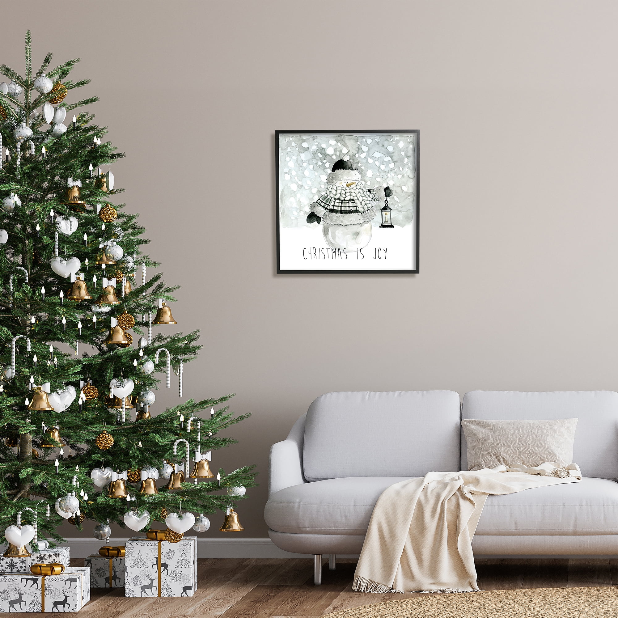 Stupell Industries Christmas is Joy Snowman Holiday Painting Black Framed Art Print Wall Art, 24 x 24