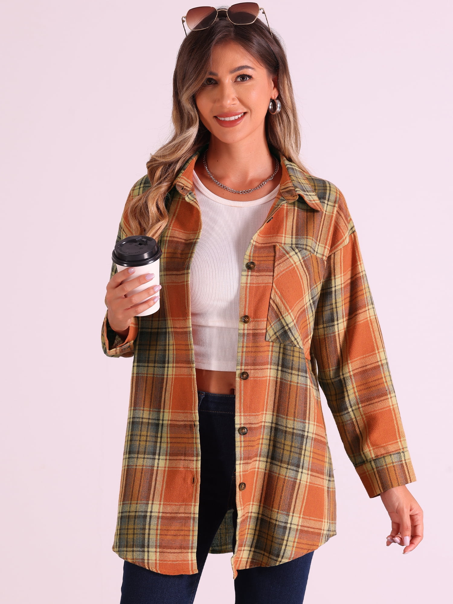 DARING DIVA Women's Long Sleeve Plaid Button Down Shirt Blouse Top XS Orange