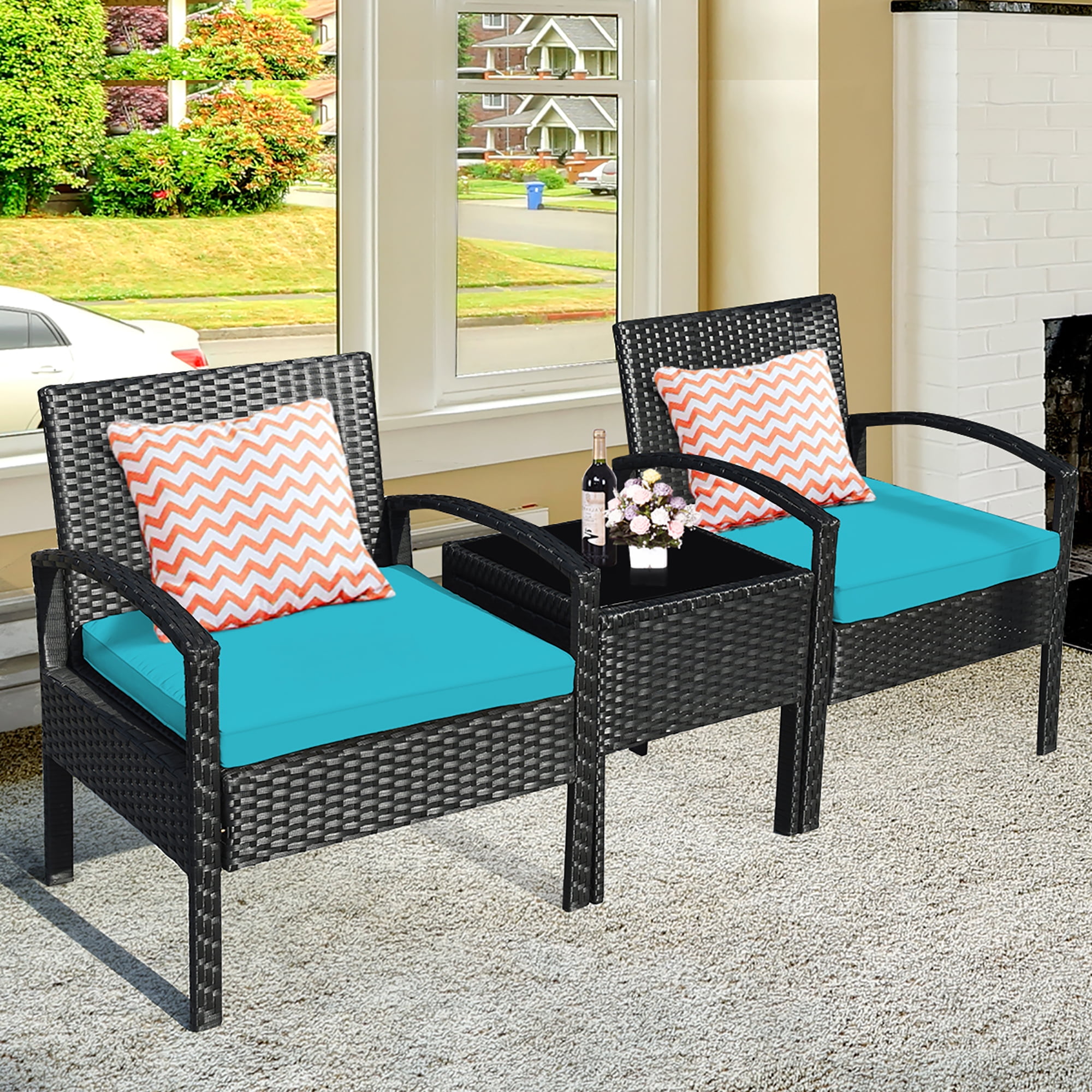 Costway 3 PCS Patio Rattan Furniture Set Coffee Table Conversation Sofa Cushioned Turquoise