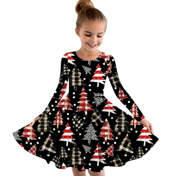 FamilyThread Girls Christmas Dress Long Sleeve Dress for Girls Swing Twirly Skater Dresses Pleated Casual A Line Dresses For 4-14Y