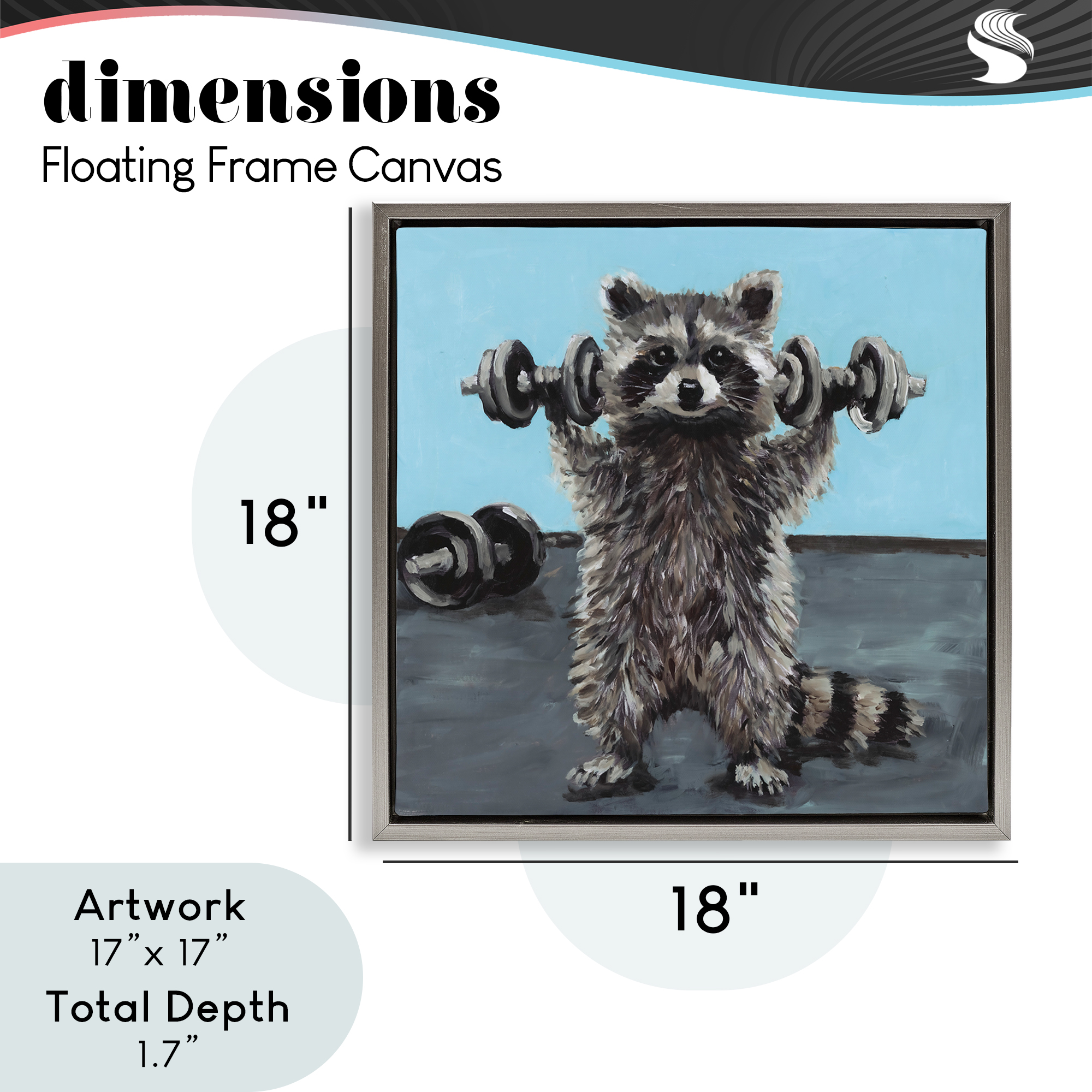 Fitness Raccoon with Weights Gray Framed Floater Canvas Wall Art, design by Studio Bautista