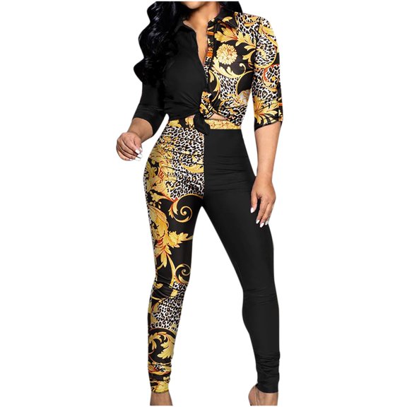 Aoochasliy Womens Pants Woman's Suit 3/4 Sleeve Printing Buttons Trousers Cardigan Casual Set Tops Pants