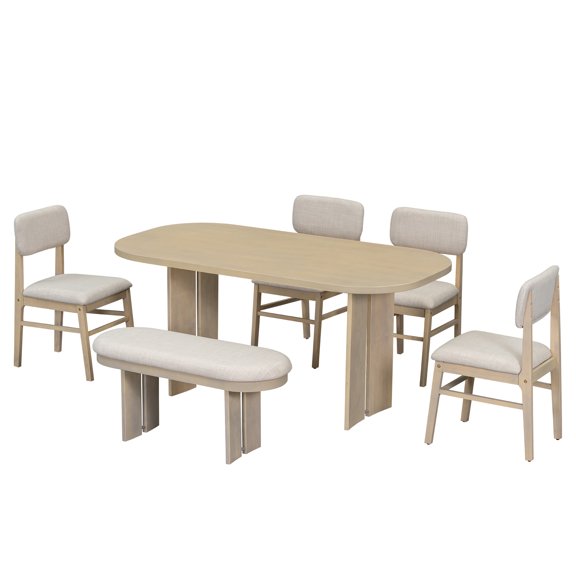 6-Piece Dining Table Set with Upholstered Chairs and Bench