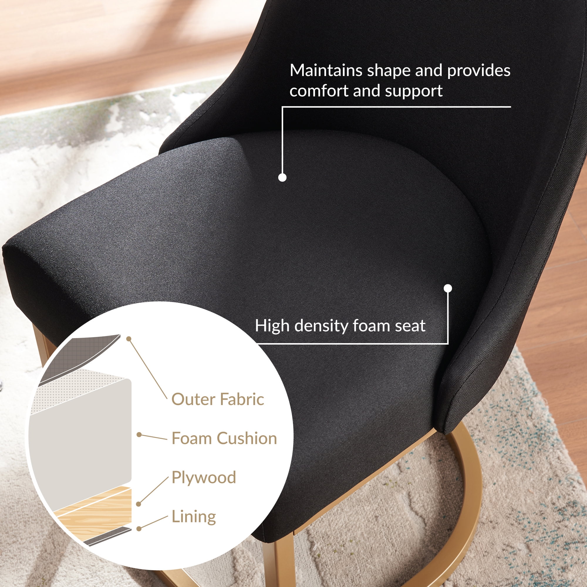Upholstered Barrelback Dining Chair with Gold Metal Base, Set of 2