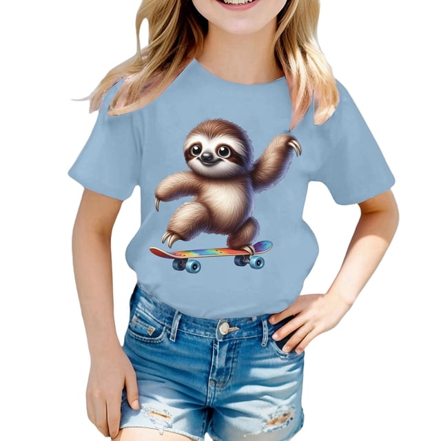 T-shirts pour Filles Imprimés Manches Courtes Col Rond Vêtements d'Été Mignons pour Petites Filles 10-11 Ans