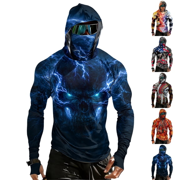 Men's Workout Fishing Hoodies Shirts with Mask Moisture Wicking Athletic Rash Guard 3d Skull Motorcycle Riding Hoodies