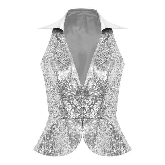 Hansber Womens Sequin Vest Sparkle Glitter Concert Party Dressy Waistcoat Disco Dance Shiny Jacket Top Silver 3XL