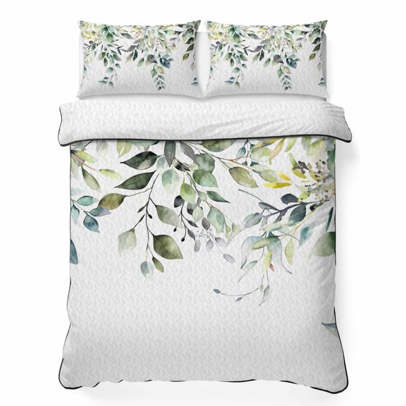 Twin XL Quilt Set, Watercolor Botanical Leaves on White Lightweight Quilt Sets Summer Comforter Coverlets with 2 Pillow Shams, Spring Eucalyptus Foliage Breathable 3 Piece Bedding Set