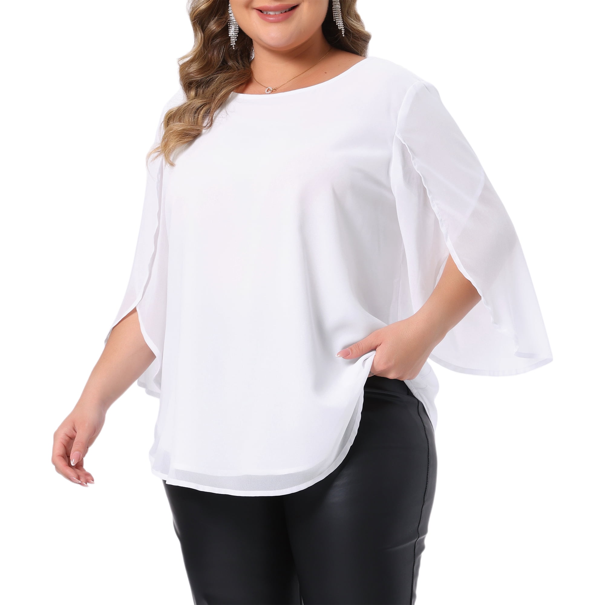 DARING DIVA Women's Plus Blouses with Flutter Petal Half Sleeve Chiffon Crew Neck 4X White