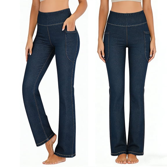 Juslio Women Jeans Stretchy Faux Jean Flare Jeans High Waist Pocket Casual Dark Blue Jeans