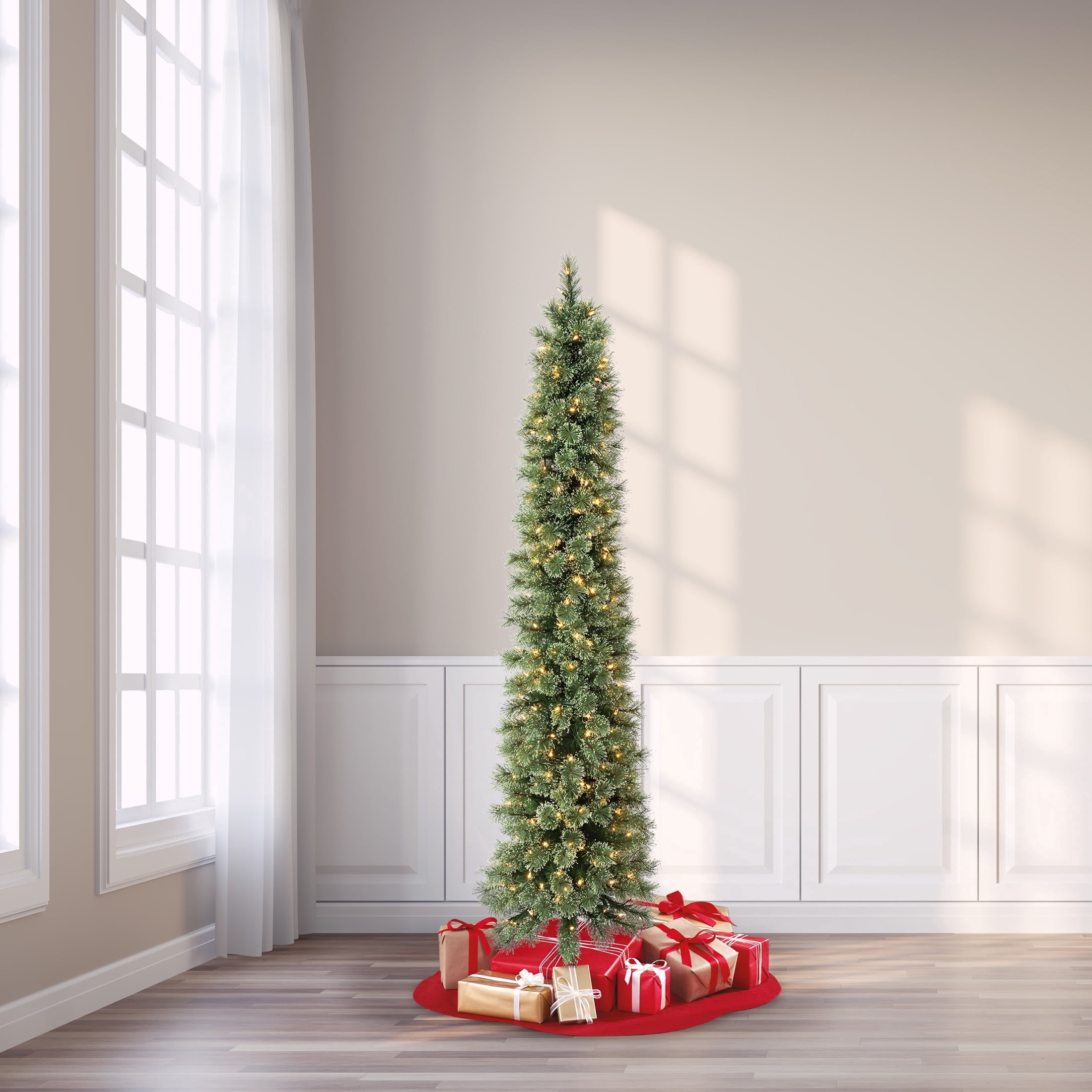 7' Pre-Lit Shelton Cashmere Pencil Fir Green Artificial Christmas Tree with 300 Warm White LED Lights and Stand, by Holiday Time