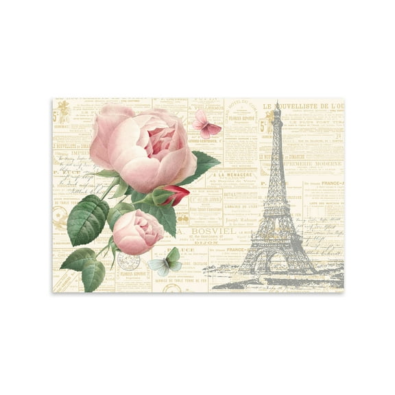 Off-White and Pink Paris Floral Rose and Eiffel Tower Adult/Teen Decor; 1 - 18" x 12" Unframed Posters