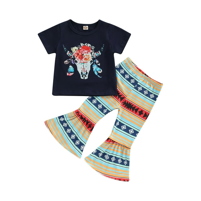 Sunloudy Toddler Girls Summer Outfit, Short Sleeve Cattle Head Print Tops + Geometric Pattern/Cow Print Flared Pants