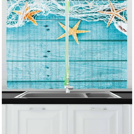 Turquoise And Orange Kitchen Starfish Curtains 2 Panels Set, Rustic Wood Boards Fishing Net and the Ocean Animals Nautical Print, Window Drapes for Living Room Bedroom, 55W X 39L Inches, Turquoise White Orange, by Ambesonne ()