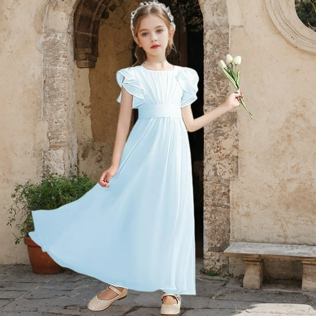 Girls Sleeveless Flower Girl Dress, Solid Color A-Line Ruffle Shoulder Dress for Junior Bridesmaid, First Communion and Birthday Party Occasions Light Blue 100