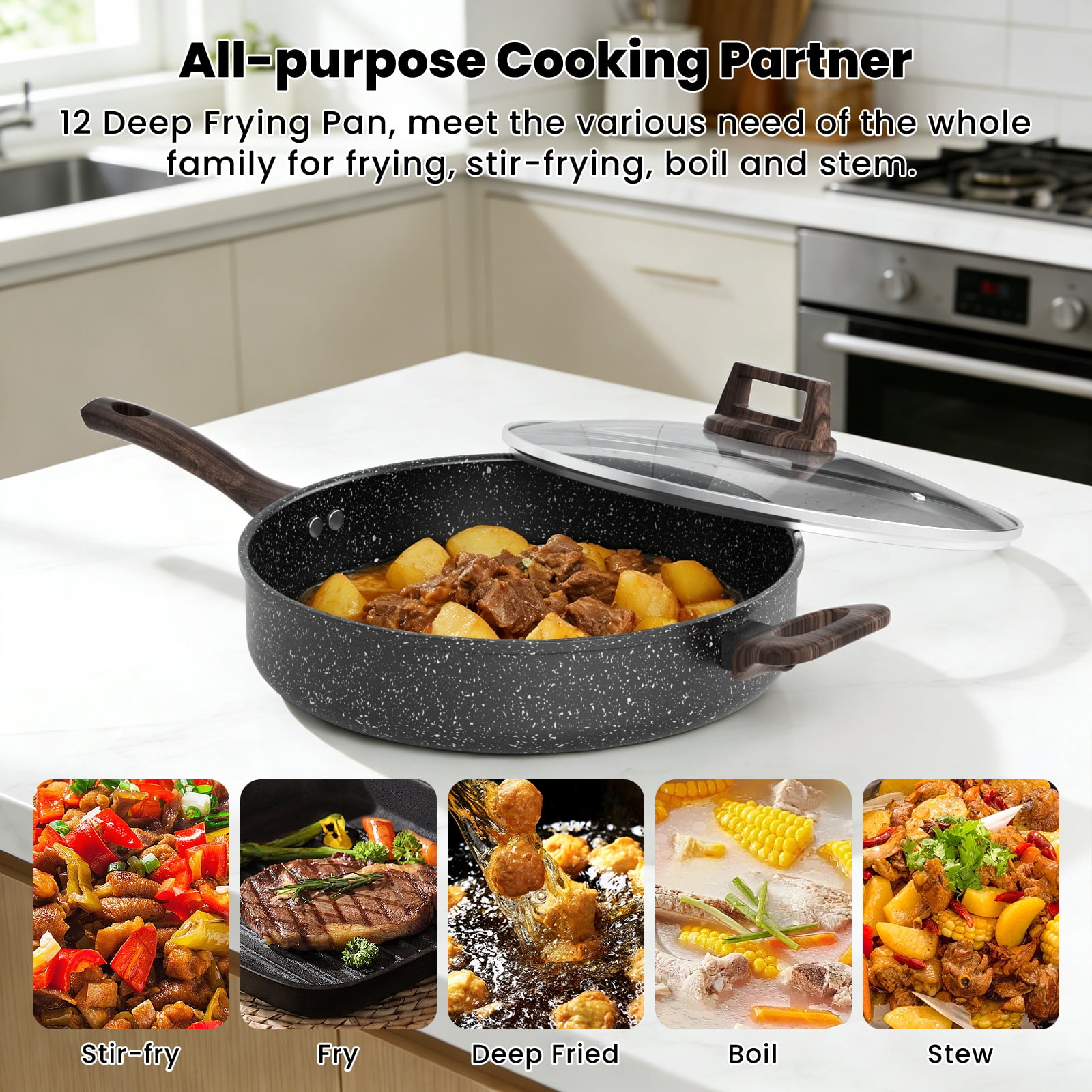 Nonstick Frying Pan Skillet with Lid, 12 Inch Deep Frying Pan, 5 Qt Saute Pan with Bakelite Handle, Kitchen Cooking Pan Skillet, Compatible with All Stovetops (Gas, Electric & Induction)