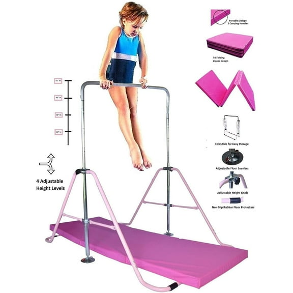 Foldable Pink Gymnastics Bar with 2 x 6 Ft Tri-Fold Mat - Durable and Portable Gymnastics Equipment Set for Home Use - Perfect for Practice and Training - Ideal for Kids and Beginners