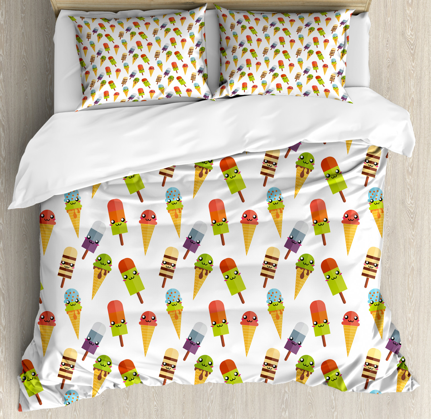 Ice Cream Duvet Cover Set, Yummy Cones in Various Colors with Emoji