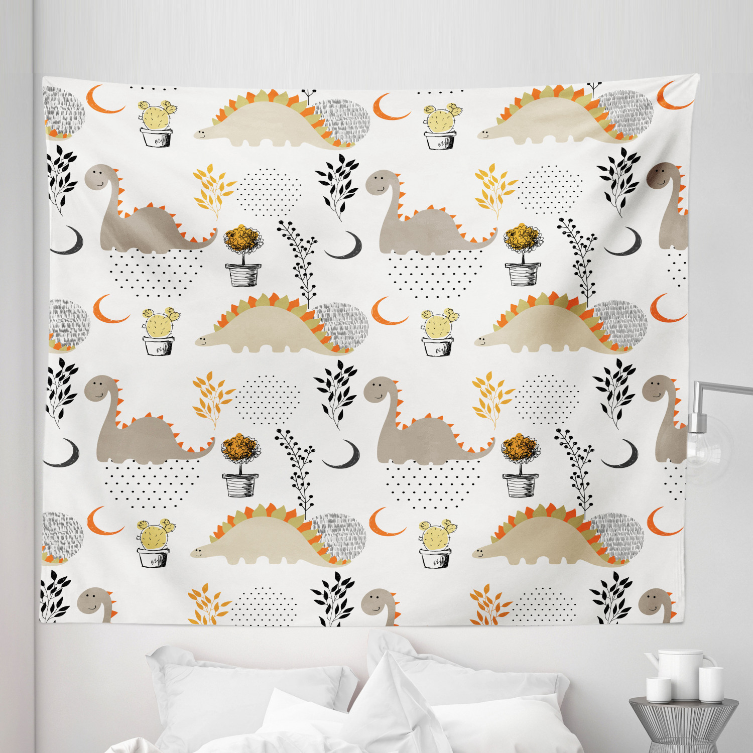 Dinosaur Tapestry, Pastel Toned Happy Animals Smiling Cartoon Style