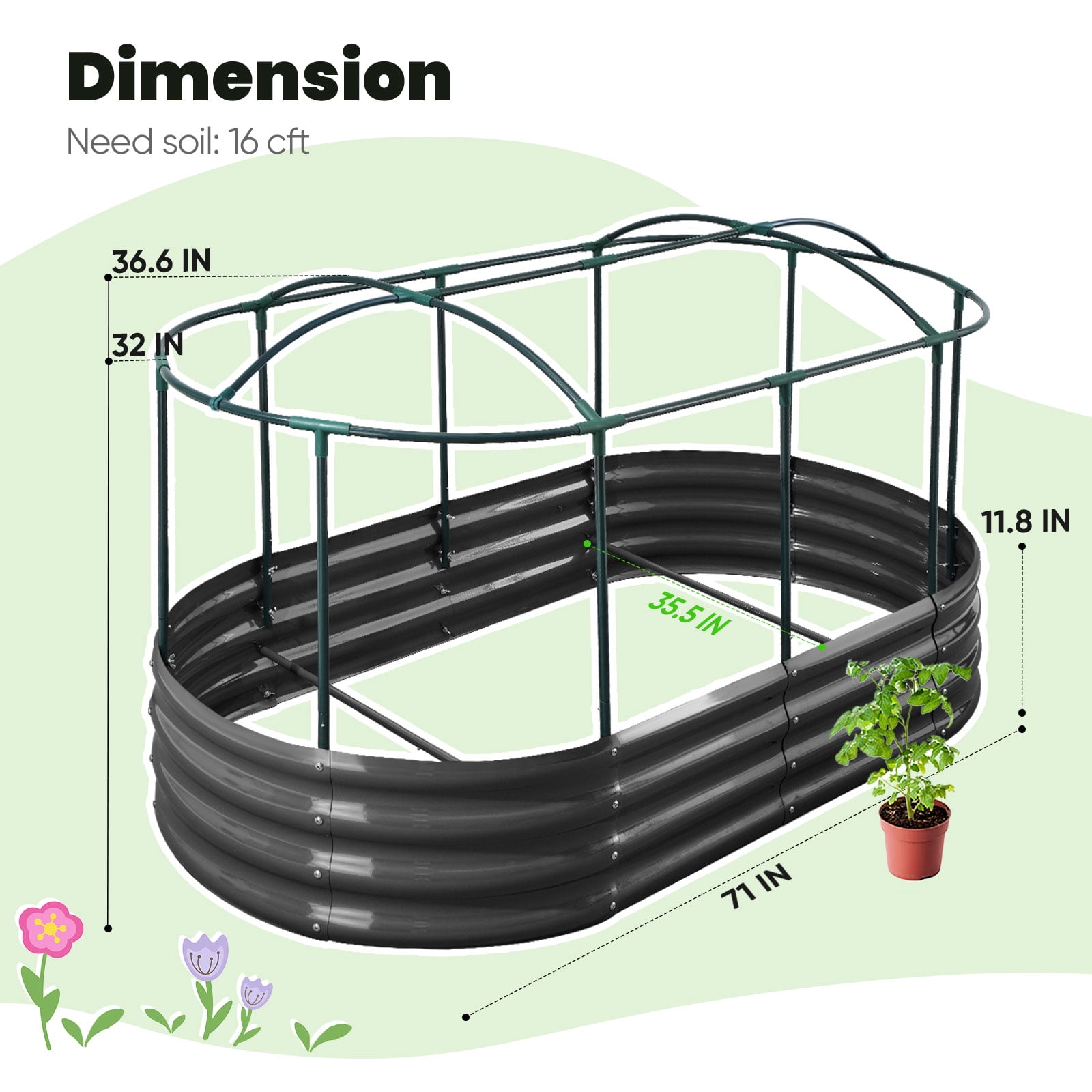 KING BIRD 6x3x1 ft Raised Garden Bed with Cover Galvanized Oval Planter Garden Box Outdoor for Gardening, Vegetables, Flowers , White