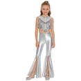 thumbnail image 1 of Moggemol Kids2 Pieces Disco Metallic Gloss Shiny Sequins Sleeveless Tassels Top with Split Bell-Bottom Pants Set Silver 10, 1 of 7