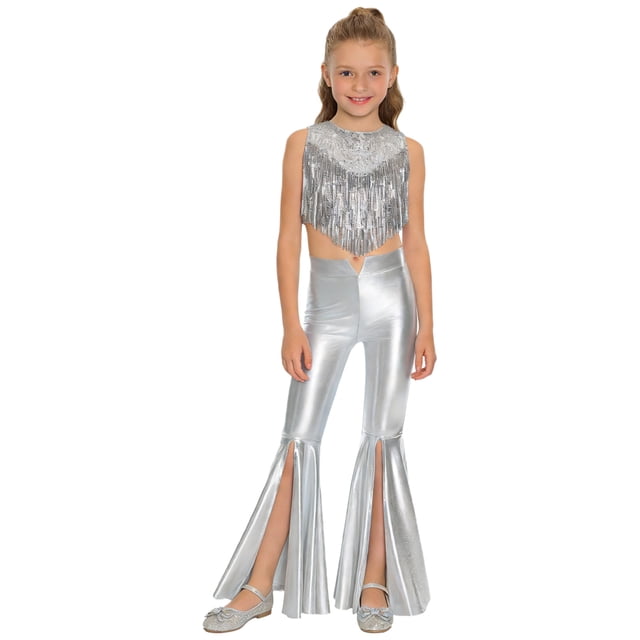 Moggemol Kids2 Pieces Disco Metallic Gloss Shiny Sequins Sleeveless Tassels Top with Split Bell-Bottom Pants Set Silver 10