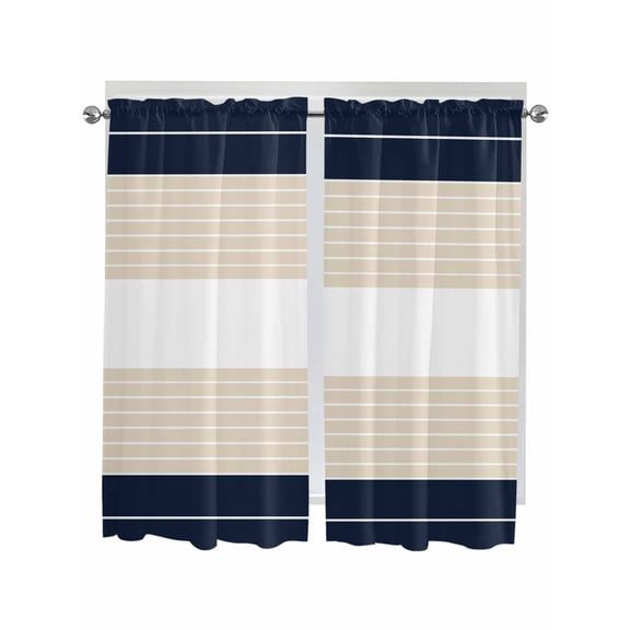 Bedroom Curtains 63 Inches length, Navy Beige Striped Window Treatment Curtain Drapes, Gradient Geometric Blue White Rod Pocket Curtain Panels for Living Room Kitchen, 42"x63", 2 Panels