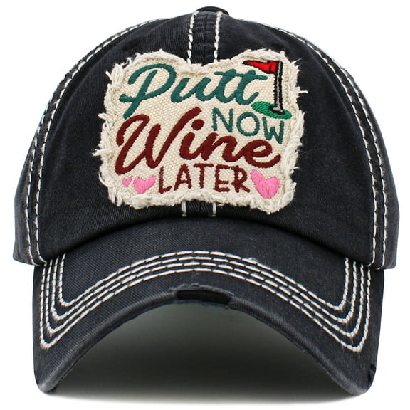 Putt Now Wine Later Distressed Vintage Washed Baseball Cap Women Golf Alcohol