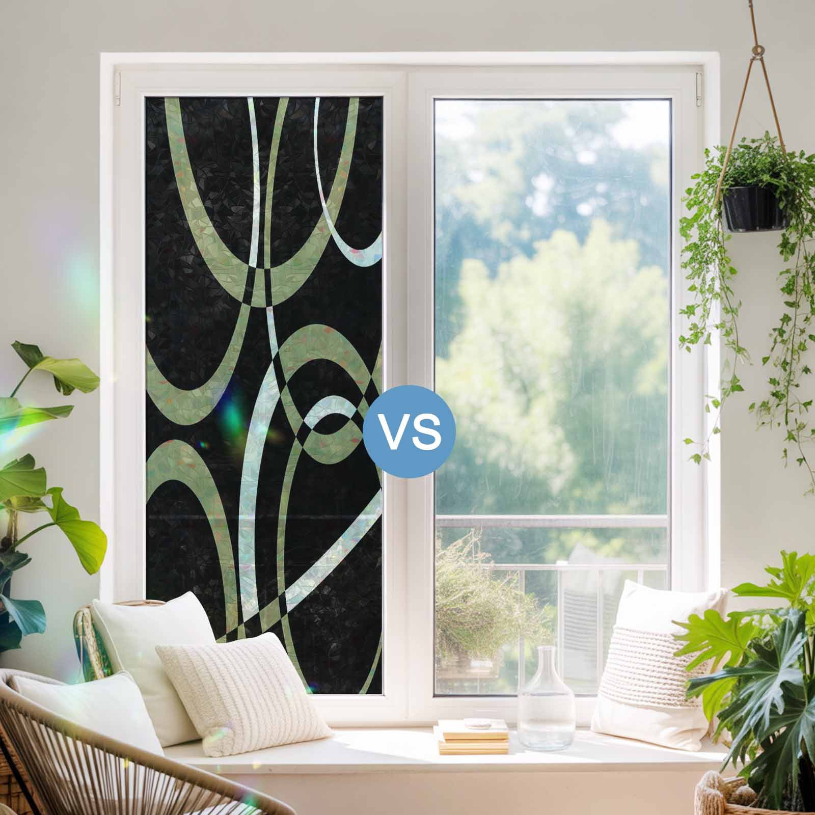 Black Geometric Window Privacy Film Stain Glass,Reusable Decorative Rainbow Window Film,Modern Sage Green White Striped Art Static Cling Sun Blocking Stickers Decals Covers 17.7" x 39.3" (2pcs)