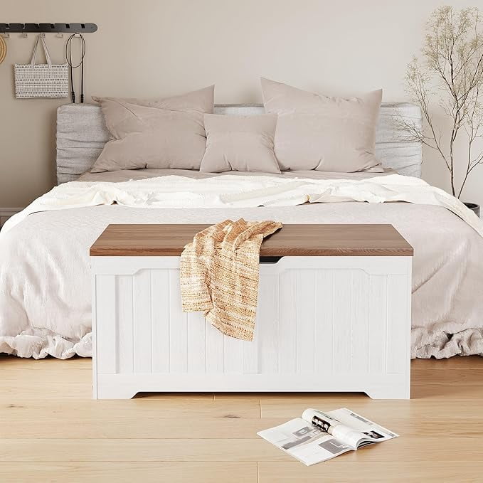 SOLLED 39.4" Retro Wooden Storage Bench & Chest, Lift-Top Trunk with Safety Hinges, Multifunctional Entryway Organizer & Toy Chest, Vintage Style for Living Room,White