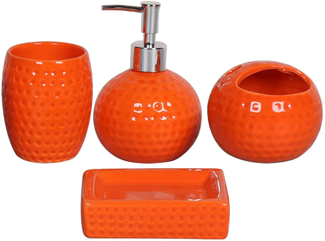 Dispenser 4 Piece Orange Bathroom Accessory Set Soap Dish Toothbrush Tumbler 