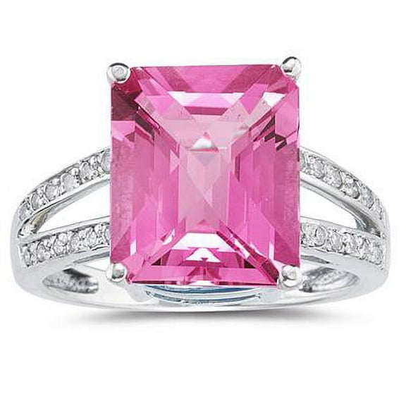 SZUL Women's 7 Carat Emerald Cut Pink Topaz and Diamond Ring 10k White Gold