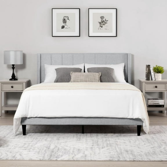 CHITA Full Size Upholstered Platform Bed Frame with Vertical Stripe Headboard,Grey