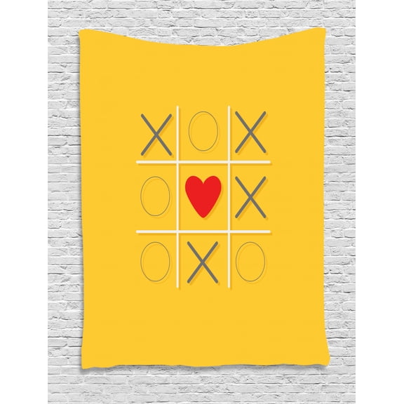 XOXO Tapestry, Tic Tac Toe Game Inspired X and O Symbols with Heart Symbol Love Center, Wall Hanging for Bedroom Living Room Dorm Decor, 60W X 80L Inches, Mustard Grey Vermilion, by Ambesonne