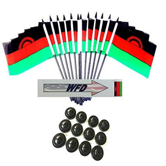 Pack of 12 4"x6" Malawi Polyester Miniature Office Desk & Little Table Flags, 1 Dozen 4"x 6" Malawi Small Mini Handheld Waving Stick Flags with 12 Flag Bases (Flags with Stands)