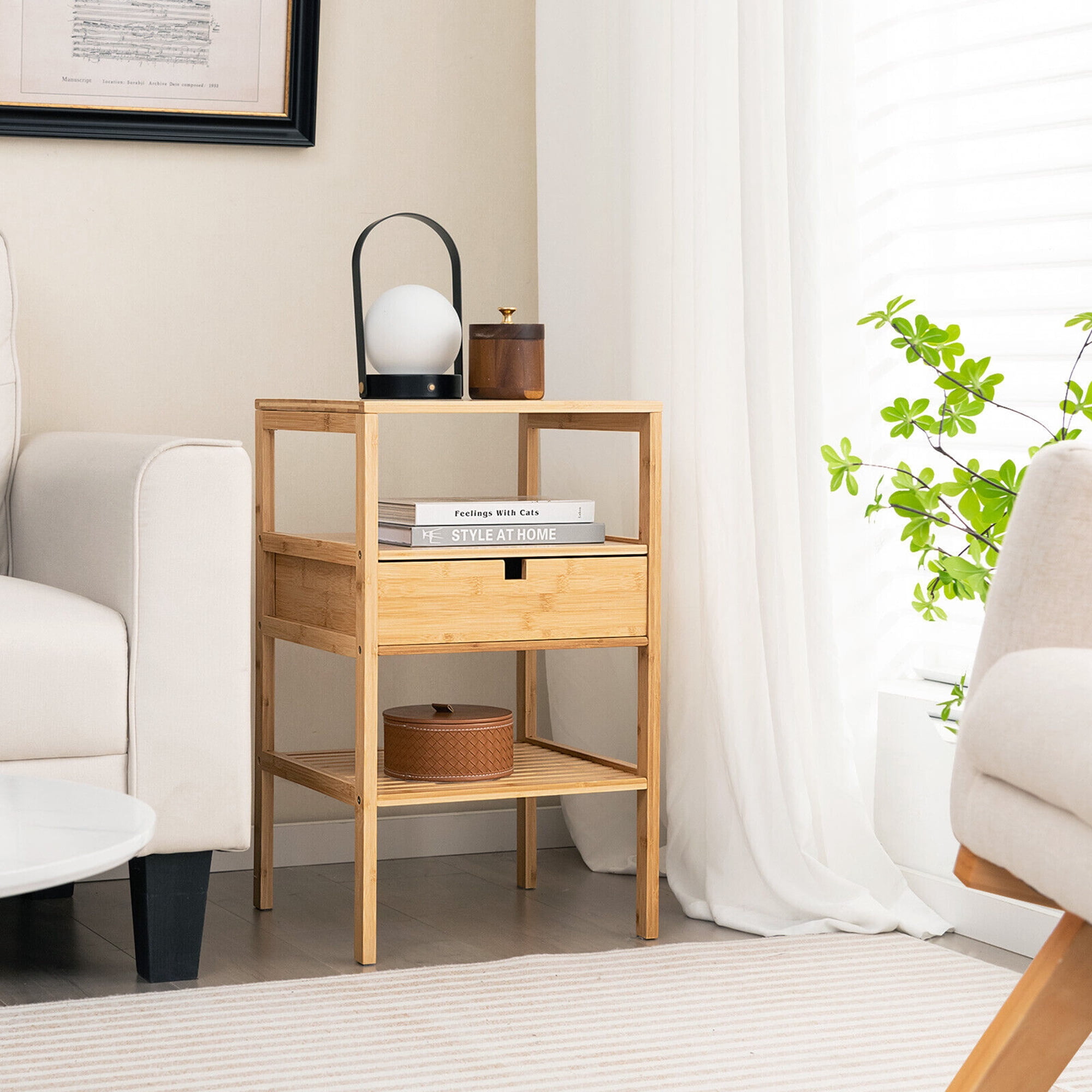 Gymax Bamboo Nightstands Set of 2 w/ Pull-out Drawer and Storage Shelf Wood Natural