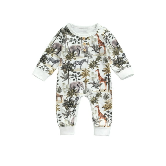 Qiylii Baby Boy’s Forest Animals Printing Romper Button Long Sleeve Jumpsuit