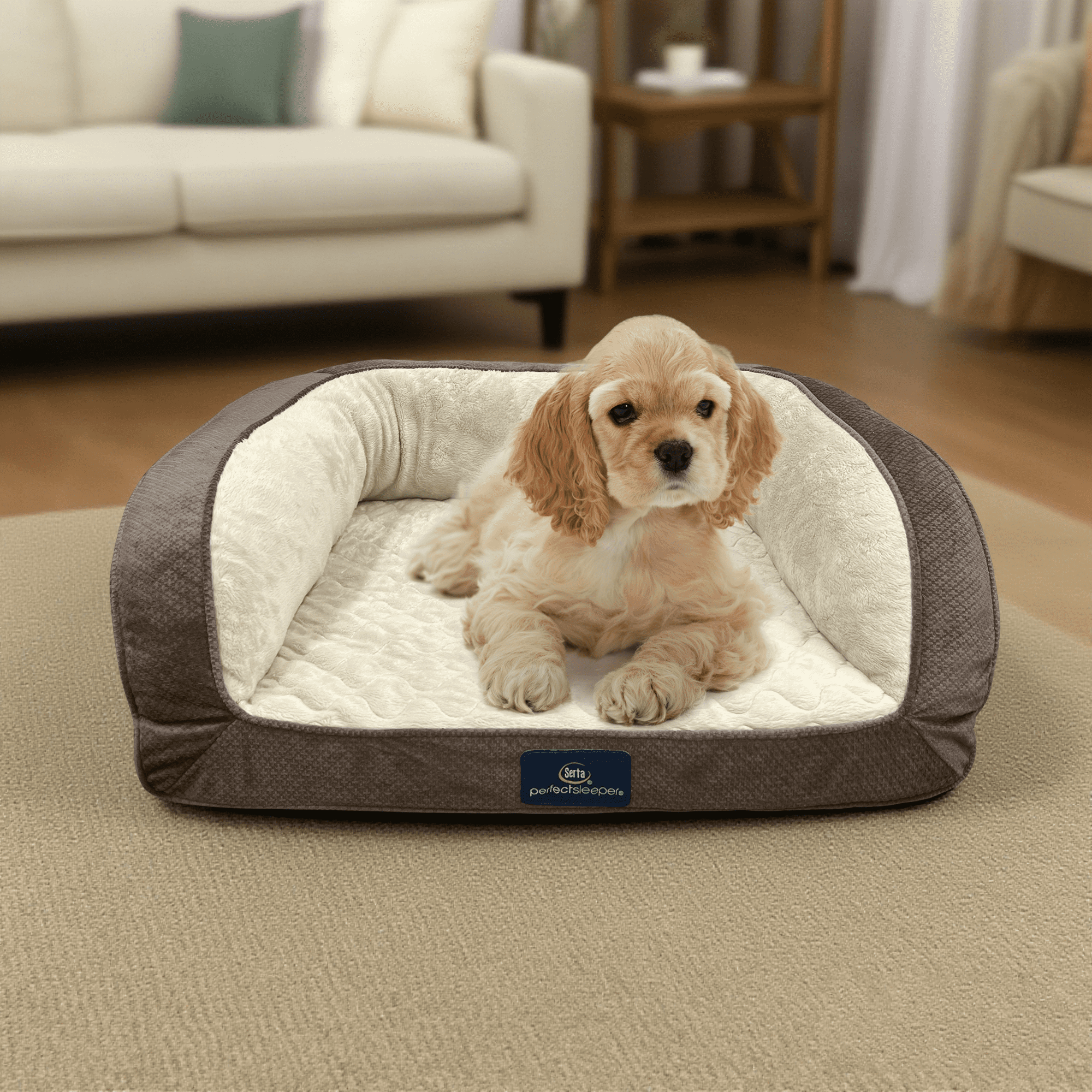 Serta Quilted Orthopedic Bolster Couch Cat & Dog Bed, Mocha, Small