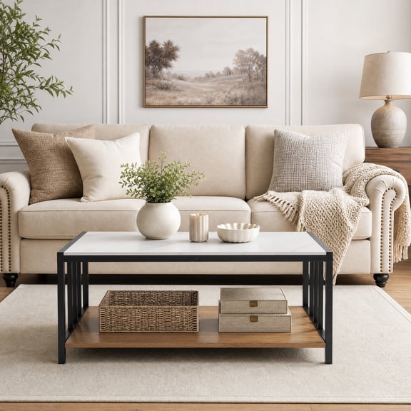 33.5" Modern Coffee Table with Sintered Stone Tabletop, 2 Tier Rectangle Center Table Cocktail Tea Table for Living Room