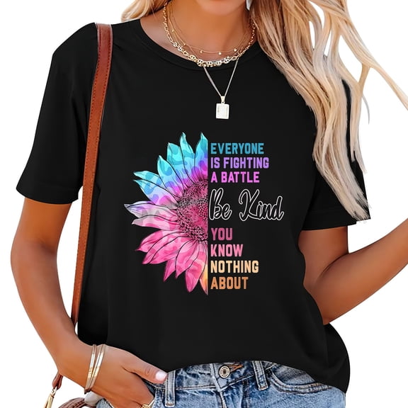 Women's Inspirational Be Kind Sunflower Graphic Tee Retro Leopard Print Short Sleeve Casual T-Shirt Mental Health Awareness Top