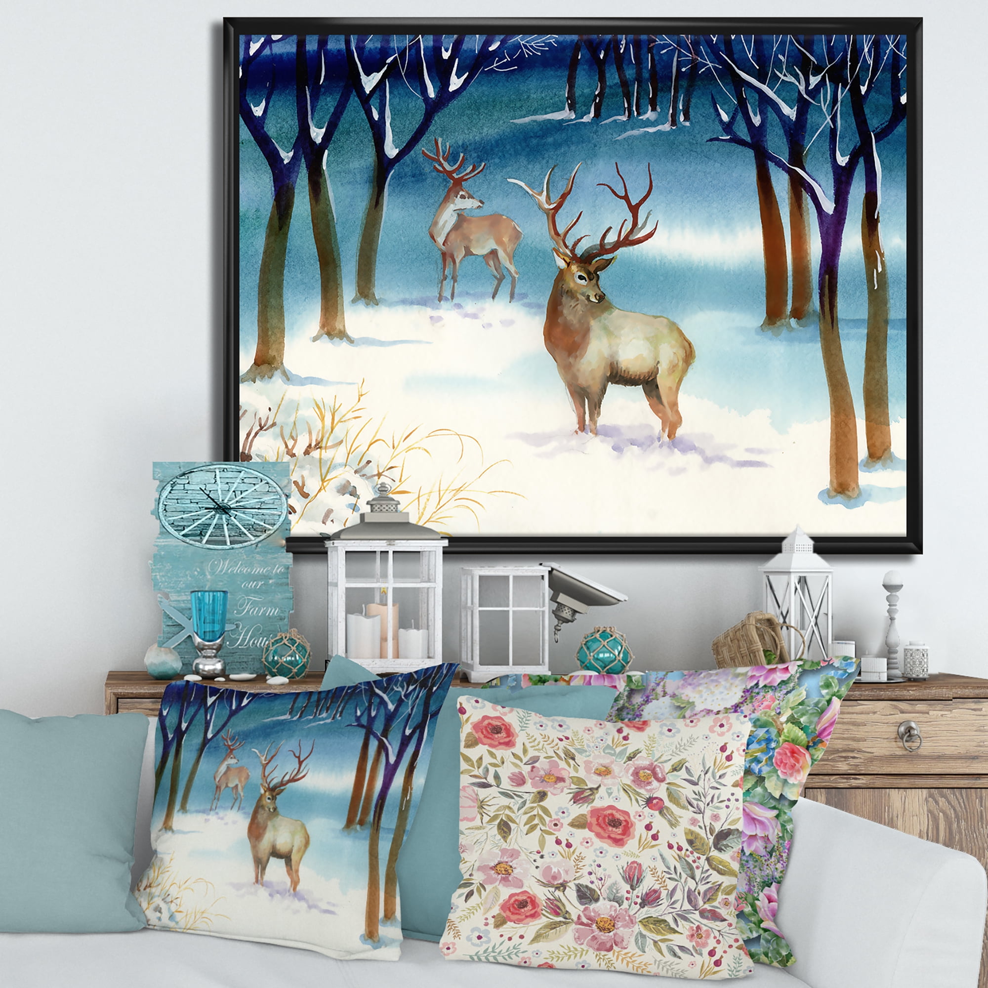 Designart 'Deers With Winter Landscape' Traditional Framed Canvas Wall Art Print