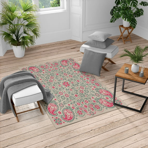 Paisley Turkish Area Rug, Floral Ornate Pattern Cultural Folk Persian Middle Eastern Illustration, Soft Carpet for Living Room Decor with Distressed Look, 4' X 5.7', Magenta Eggshell, by Ambesonne