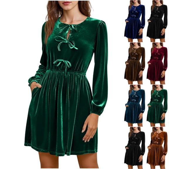 FRSASU Velvet Dresses for Women Casual Long Sleeve Loose Bow Crewneck Pleated Pockets Dress Party Prom Holiday Outfits Wine