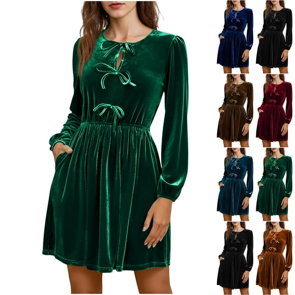 Lekwk Womens Velvet Dress Crewnceck Short Bridesmaid Dress Elegant Pleated Vintage Dresses Stylish Casual Dresses for Christmas Party, Cocktail Party, Wedding Reception with Bow Tie