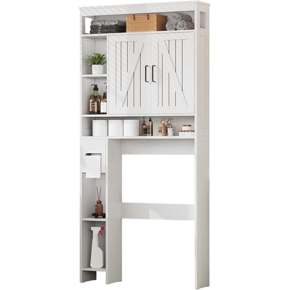 Vividwood Farmhouse Over The Toilet Storage Cabinet with 6 Shelves, 2 Barn Door, Toilet Paper Holder Stand for Bathroom (White）