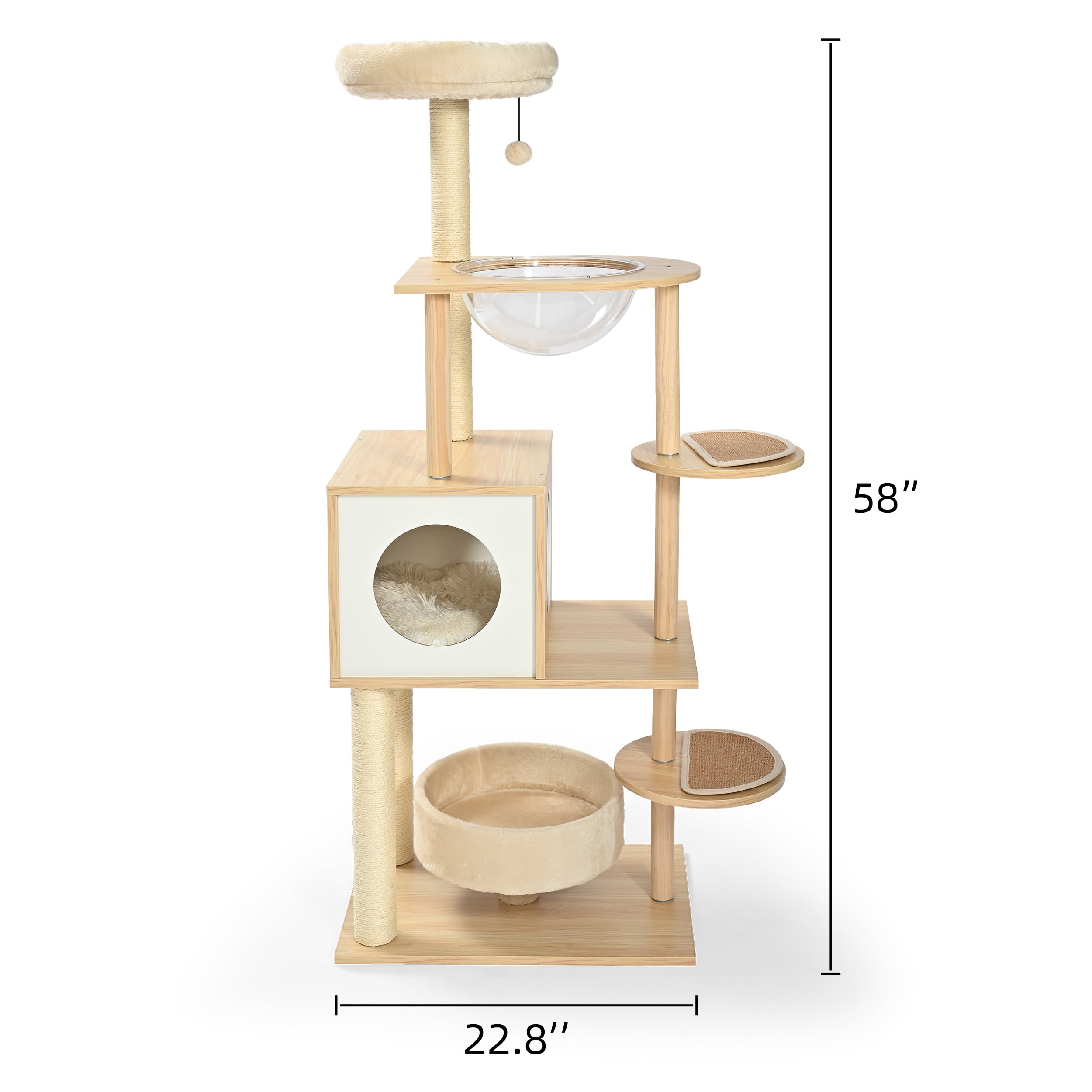 Vibrant Life 7-Level 58" Natural Wood Cat Tree with Condo and Acrylic Hammock, Beige