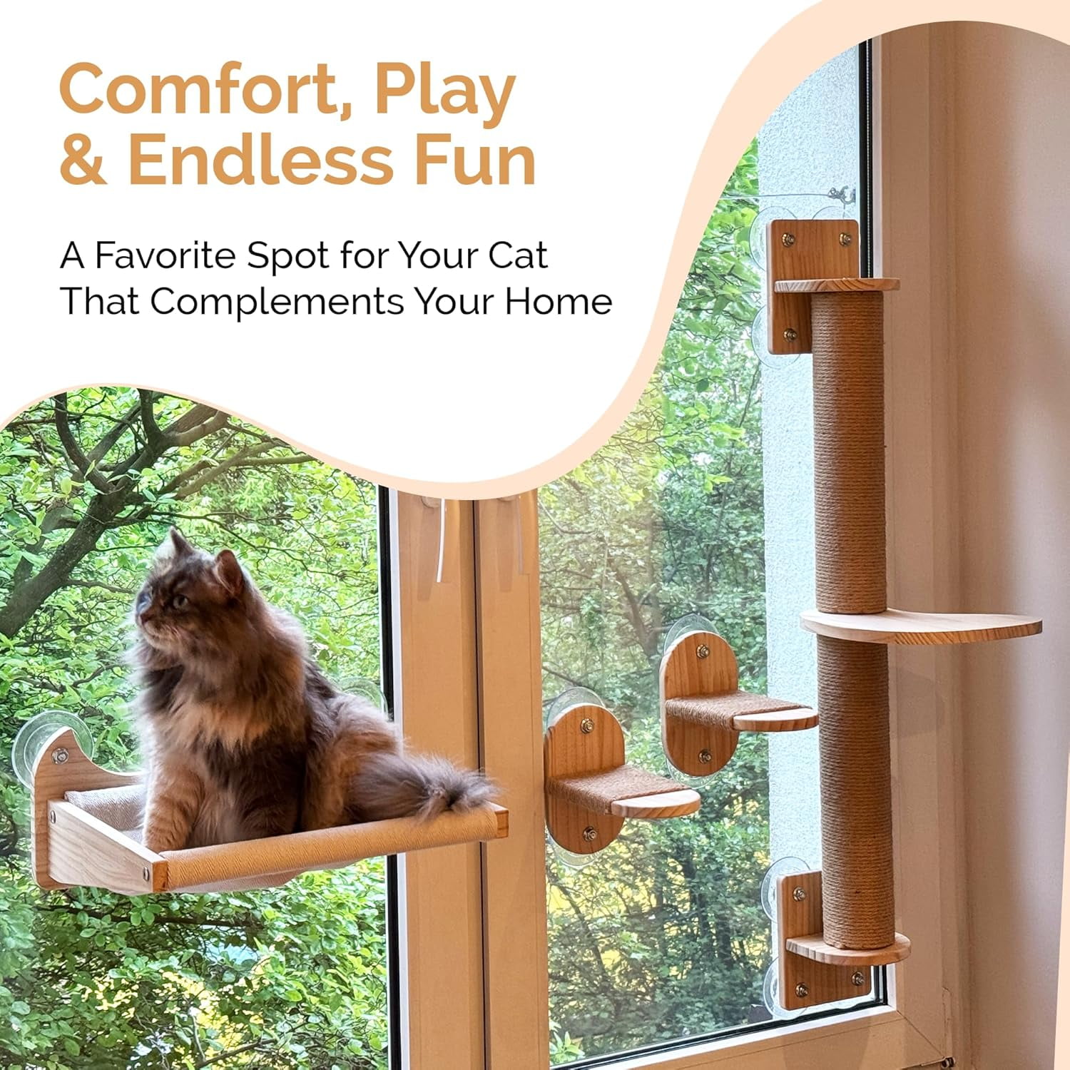 4-in-1 Window & Wall Mount  Wall Shelves – Hammock, Scratching Post & Perch |   Fits  to 40 lbs |   Space-Saving Pet Furniture for Windows, Glass & Drywall |   Modern Wood  Shelf Set