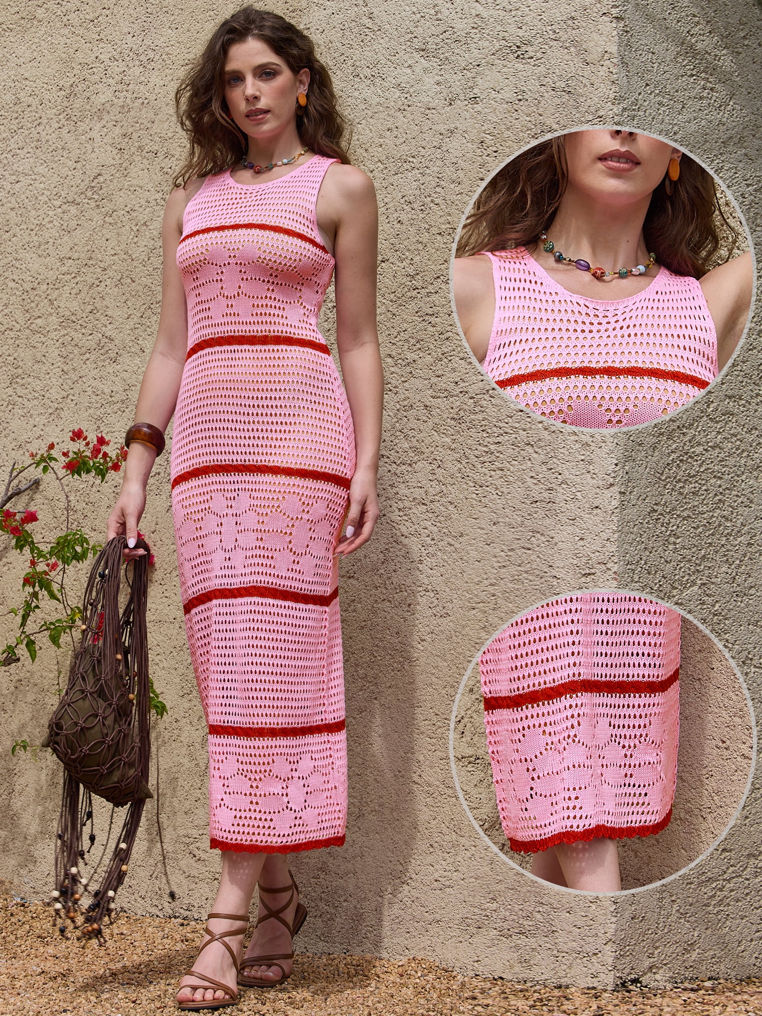 DARING DIVA Women's Stylish Striped Hollow Out Sleeveless Beach Maxi Dress L Pink Red